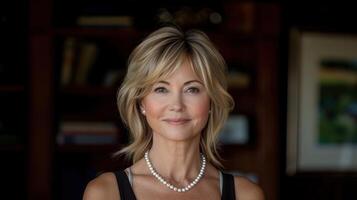 Woman Wearing Pearl Necklace and Black Tank Top photo