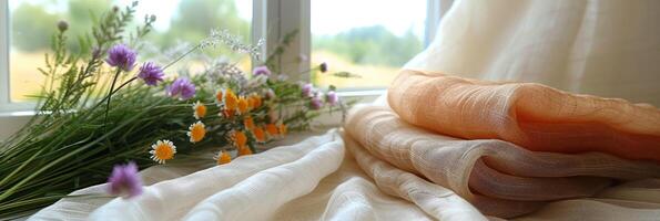 Window Sill With Flowers and Cloth photo