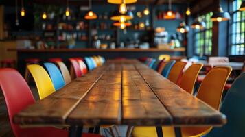 Colorful Chairs Surround Long Wooden Table photo
