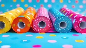 Brightly Colored Paper Rolls on Blue Background photo