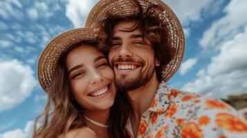 Man and Woman Smiling for Camera photo