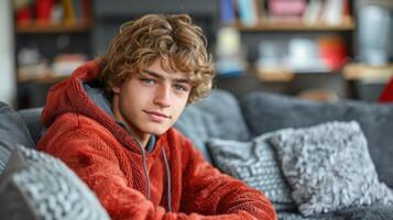 Young Man Sitting on Top of a Couch photo