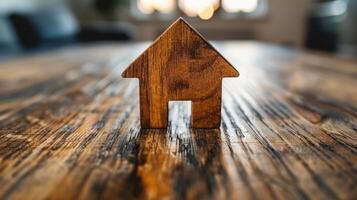 pequeño de madera casa en mesa foto