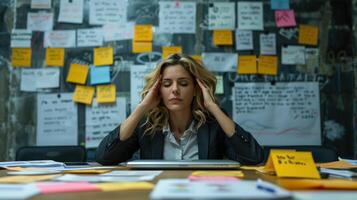 Woman Sitting at Desk Covered in Sticky Notes photo