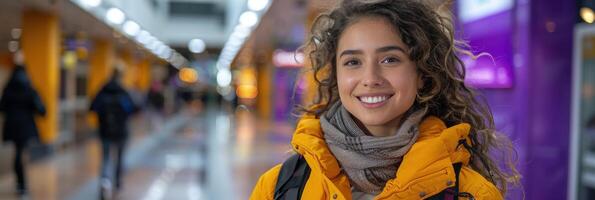 mujer en amarillo chaqueta a tren estación foto