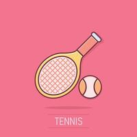 Tennis racket icon in comic style. Gaming racquet cartoon illustration on isolated background. Sport activity splash effect sign business concept. vector