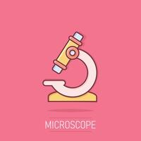 microscopio icono en cómic estilo. laboratorio lupa dibujos animados ilustración en aislado antecedentes. biología instrumento chapoteo efecto firmar negocio concepto. vector