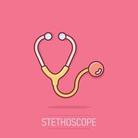 Stethoscope icon in comic style. Heart diagnostic cartoon illustration on isolated background. Medicine splash effect sign business concept. vector