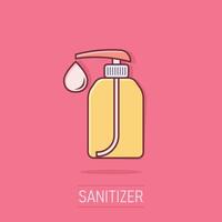 Hand sanitizer icon in comic style. Antiseptic bottle cartoon illustration on isolated background. Disinfect gel splash effect sign business concept. vector