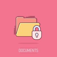 Files folder permission icon in comic style. Document access cartoon illustration on isolated background. Secret archive splash effect sign business concept. vector