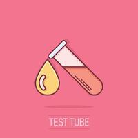 Blood in test tube icon in comic style. Laboratory flask cartoon illustration on isolated background. Liquid in beaker splash effect sign business concept. vector