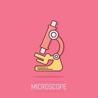 Microscope icon in comic style. Laboratory magnifier cartoon illustration on isolated background. Biology instrument splash effect sign business concept. vector