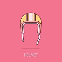 motocicleta casco icono en cómic estilo. la seguridad gorra dibujos animados ilustración en aislado antecedentes. corredor sombrero chapoteo efecto firmar negocio concepto. vector