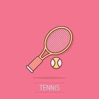 Tennis racket icon in comic style. Gaming racquet cartoon illustration on isolated background. Sport activity splash effect sign business concept. vector