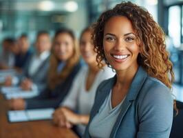 mujer sonriente en frente de grupo foto