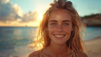 Woman Standing on Beach at Sunset photo