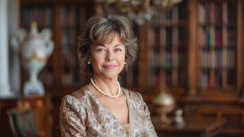 Elegant Woman in Dress and Pearls Sitting in Chair photo