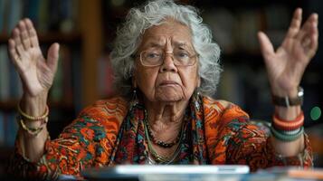 Elderly Woman Sitting at Table With Hands Raised photo