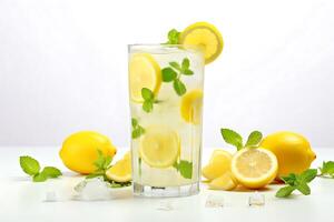 Glass of fresh lemonade with lemon and mint on table on light background photo