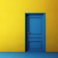 3D rendering of an empty room with yellow walls and blue door photo