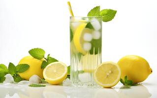 Lemonade with lemon and mint isolated on white background. Close up. photo