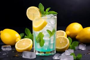 Cocktail with lemon, mint and ice on a black background photo