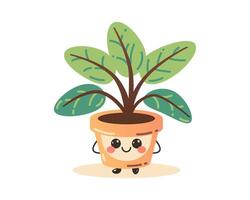 Cute lovely houseplant art. Kawaii faces on flower pot with plant. Cartoon style for print. vector
