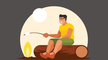 hombre en un acampar Cocinando comida en un hoguera aislado ilustración vector