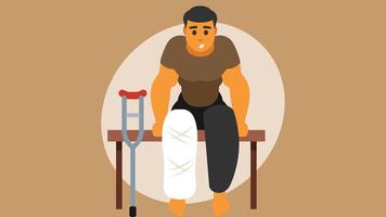 Patient has a broken leg injury sitting with walking stick illustration vector