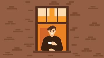 Person drinks tea in a window in his apartment illustration vector