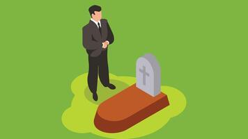 isometric illustration of person stands in front of grave in a funereal vector