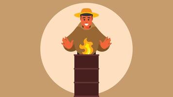 hombre estar cerca fuego a obtener calentar a noche ilustración vector