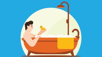 man taking shower in a bath tub in Bathroom illustration vector