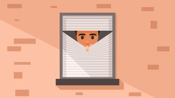 Person peeks from the window in an apartment illustration vector