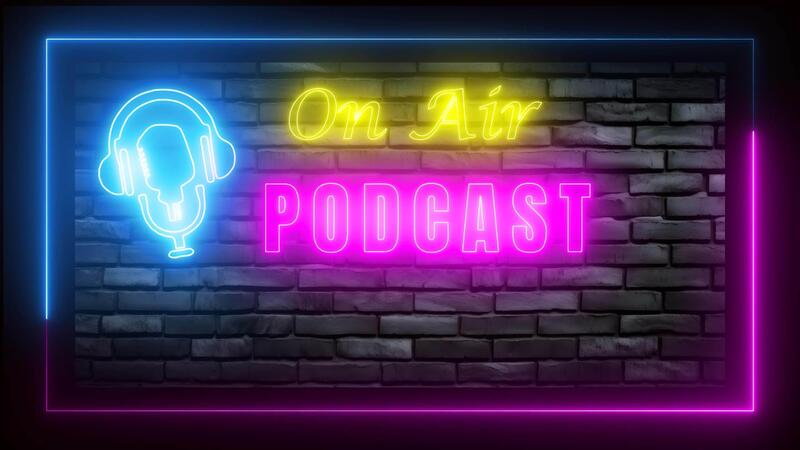 Podcast on air logo with neon light effect green screen background 