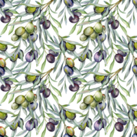 Seamless watercolor olives pattern with olive branches. Olives background for wallpapers, postcards, greeting cards, wedding invites, textile, events. Floral Watercolor png