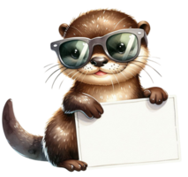 aigenerated otter with sunglasses holding a blank sign png