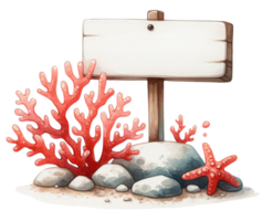 aigenerated coral and sea grasses with wooden signboard png