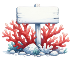 aigenerated coral and sea grasses with wooden signboard png