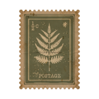 Retro Fern Branch Postage Stamp in Monochrome with Grunge Details. Old Faded Scrapbook Paper png