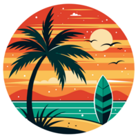 A groovy surfboard dominates the center of a circular design, which is flanked by ornate waves and under a radiant sun png