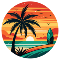 A groovy surfboard dominates the center of a circular design, which is flanked by ornate waves and under a radiant sun png