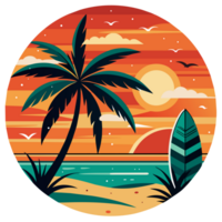 A groovy surfboard dominates the center of a circular design, which is flanked by ornate waves and under a radiant sun png