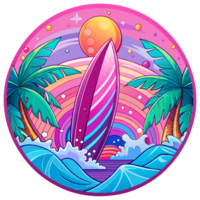 A surfboard dominates the center of a circular design, which is flanked by ornate waves and under a radiant sun png