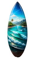 A surfboard stands vertically, featuring a vibrant scene with ocean waves, png