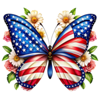 A butterfly with wings adorned in the pattern of the American flag white flowers png