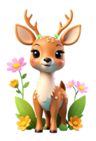 3d baby deer cartoon character with flowers png