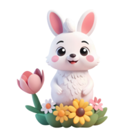 3d cute bunny cartoon character and flowers png