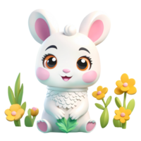 3d cute bunny cartoon character and flowers png