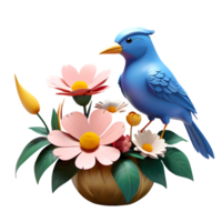 3d blauw vogel en bloemen png